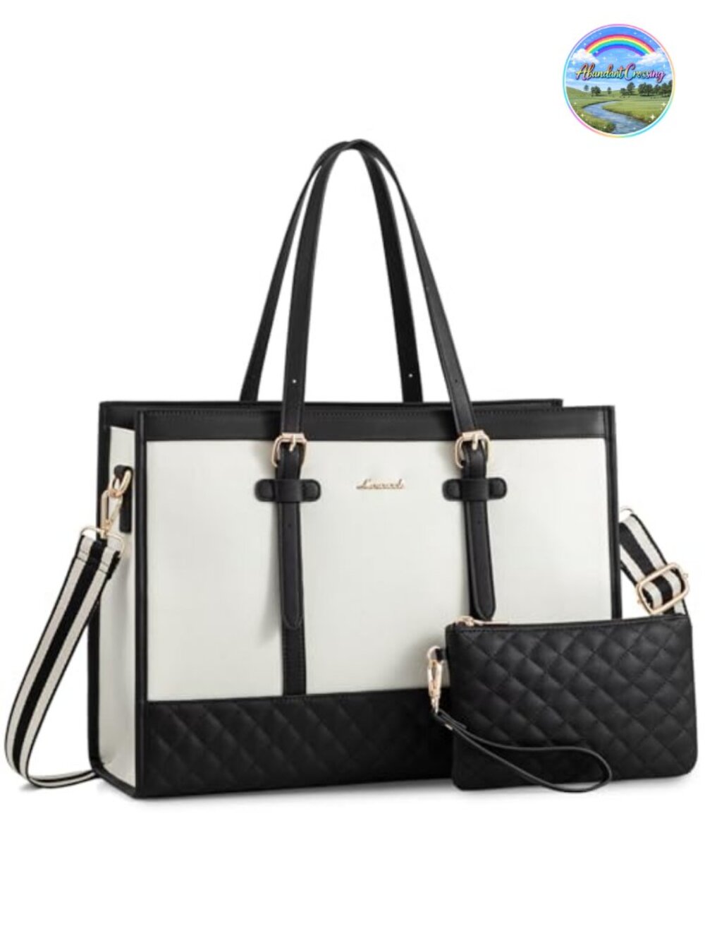 Large Canvas & PU Leather Laptop Tote with Detachable Strap & Clutch for Women